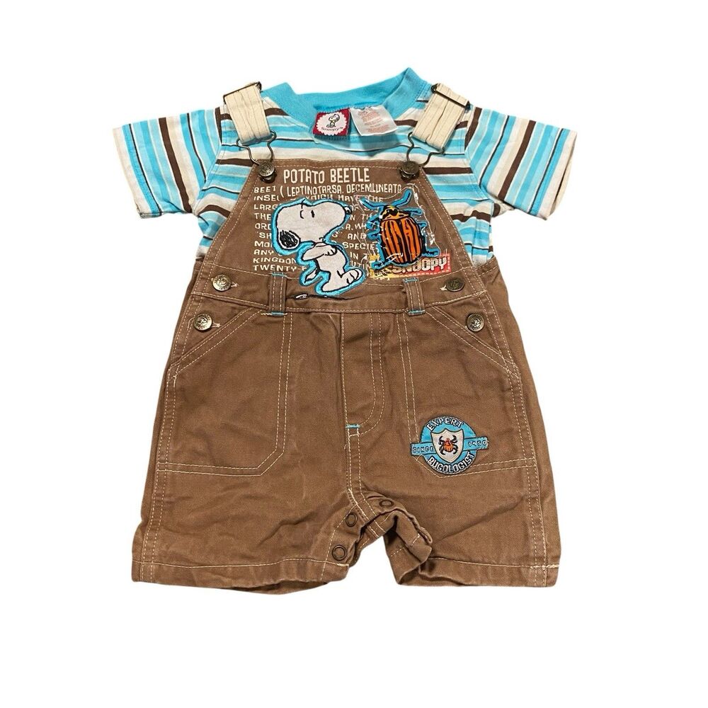 Vintage Snoopy Bugologist Overalls Pants Beetle Clifford Size 12 Months 90s Y2K